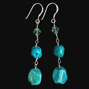 Sterling Silver Boho Dangle Earrings Turquoise Nugget Beads 925 Hook Drop 2.5"